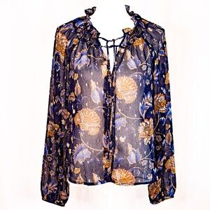 Elegant Sheer Royal Blue Relaxed V Neck Button Down Blouse w/ Ruffled Collar.